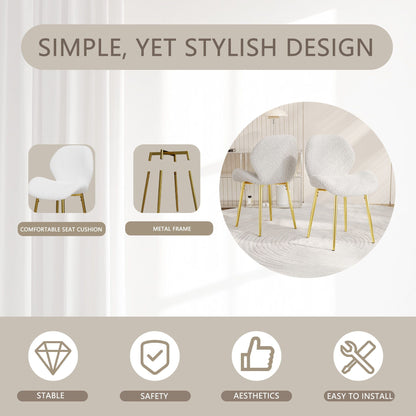 Modern minimalist white teddy velvet Dining Chairs Set of 2 with sturdy gold metal legs and comfortable backrest design, suitable for restaurants, kitchens, and offices. - Renee Lane Company