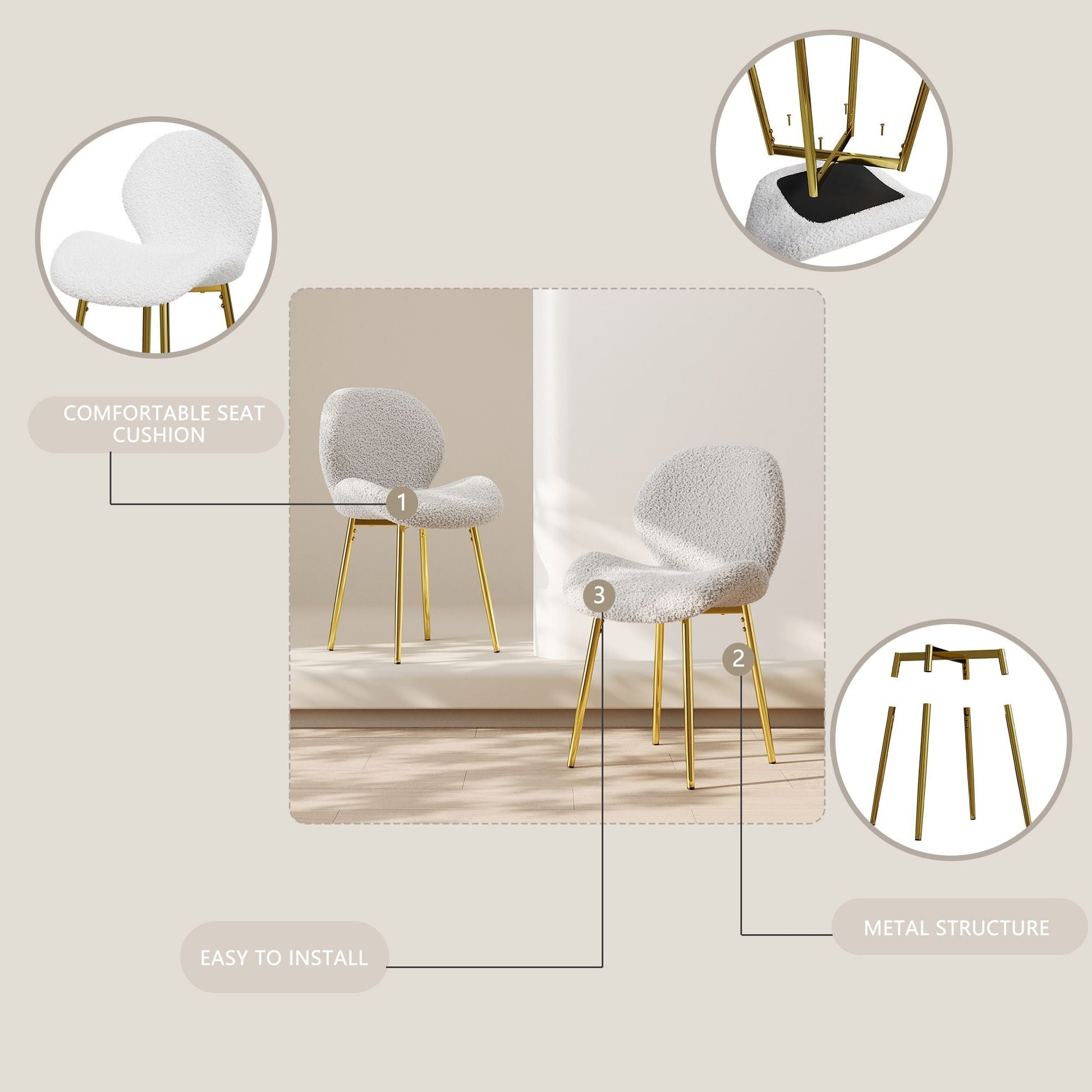 Modern minimalist white teddy velvet Dining Chairs Set of 2 with sturdy gold metal legs and comfortable backrest design, suitable for restaurants, kitchens, and offices. - Renee Lane Company