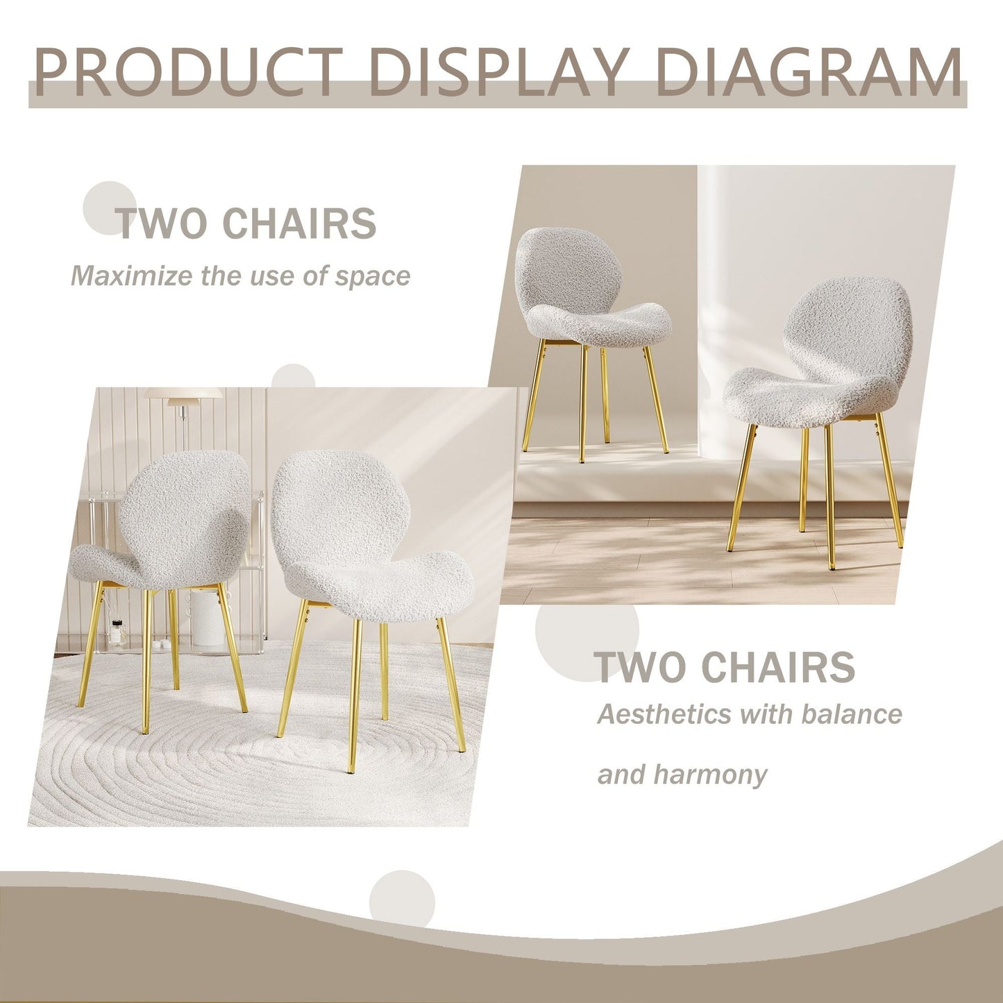 Modern minimalist white teddy velvet Dining Chairs Set of 2 with sturdy gold metal legs and comfortable backrest design, suitable for restaurants, kitchens, and offices. - Renee Lane Company