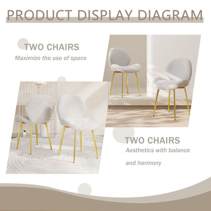 Modern minimalist white teddy velvet Dining Chairs Set of 2 with sturdy gold metal legs and comfortable backrest design, suitable for restaurants, kitchens, and offices. - Renee Lane Company