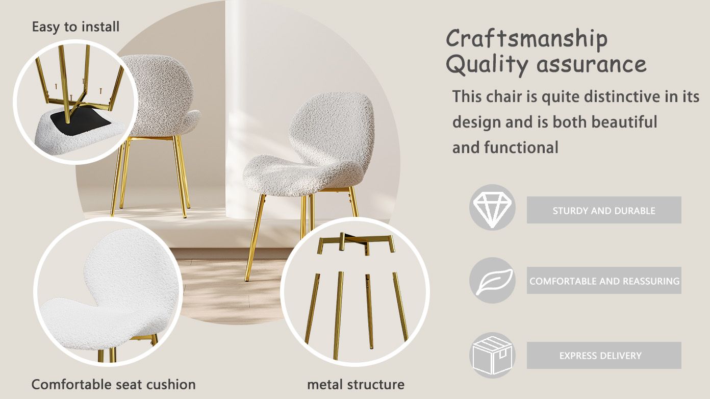 Modern minimalist white teddy velvet Dining Chairs Set of 2 with sturdy gold metal legs and comfortable backrest design, suitable for restaurants, kitchens, and offices. - Renee Lane Company