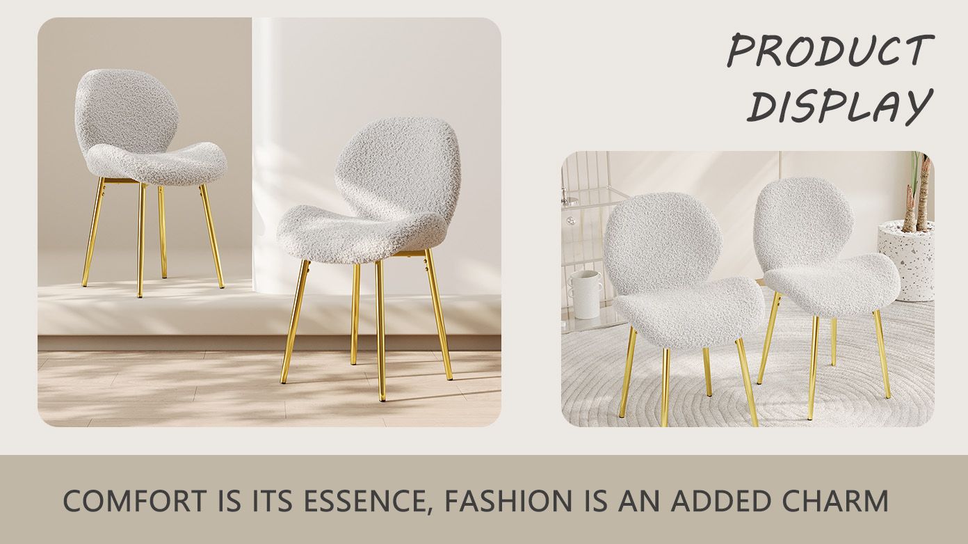 Modern minimalist white teddy velvet Dining Chairs Set of 2 with sturdy gold metal legs and comfortable backrest design, suitable for restaurants, kitchens, and offices. - Renee Lane Company