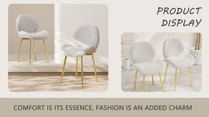 Modern minimalist white teddy velvet Dining Chairs Set of 2 with sturdy gold metal legs and comfortable backrest design, suitable for restaurants, kitchens, and offices. - Renee Lane Company