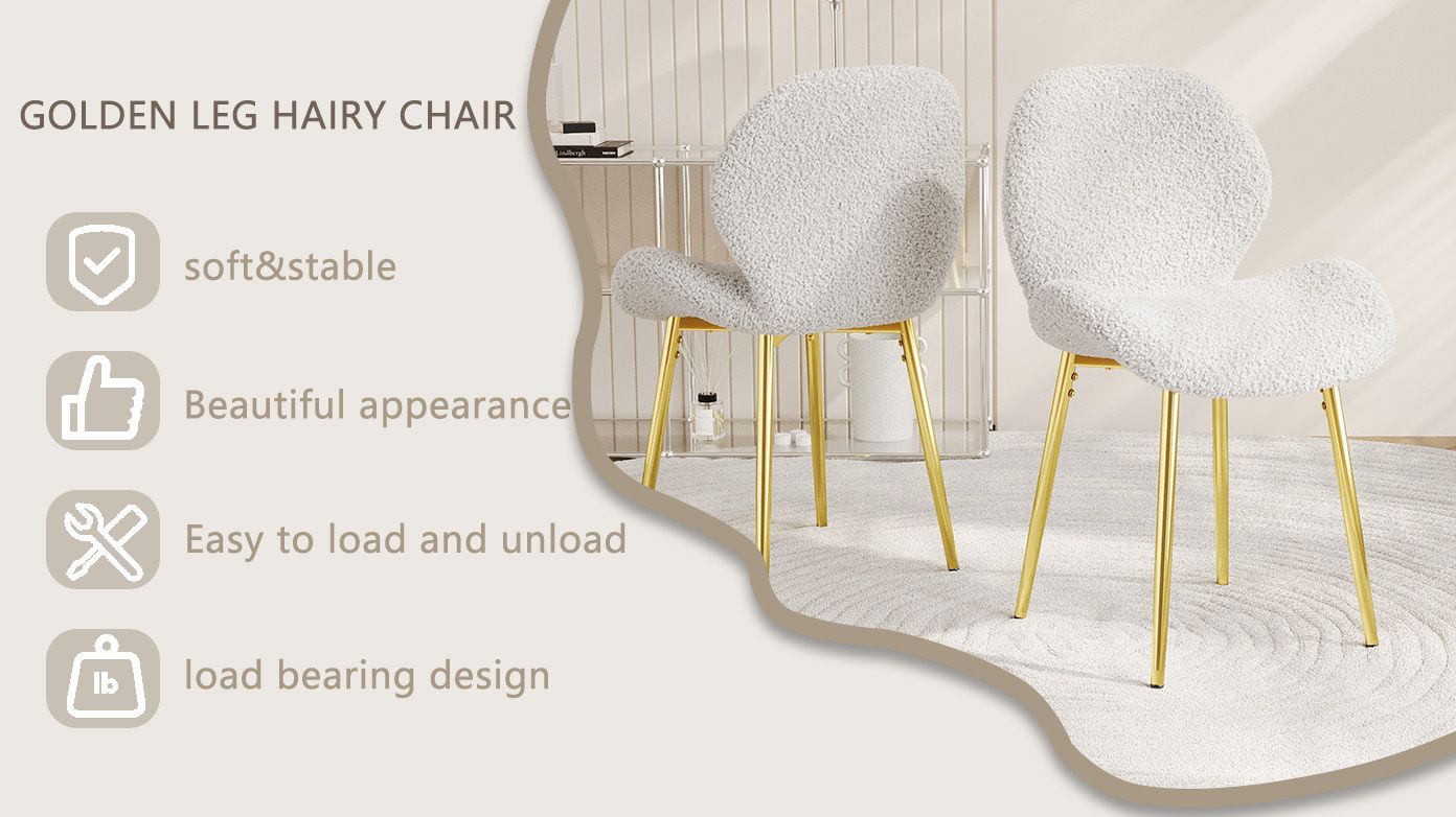 Modern minimalist white teddy velvet Dining Chairs Set of 2 with sturdy gold metal legs and comfortable backrest design, suitable for restaurants, kitchens, and offices. - Renee Lane Company