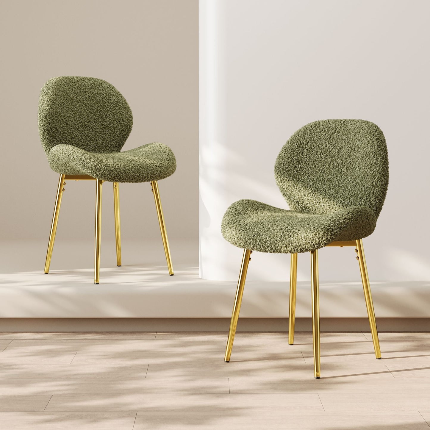 Modern minimalist white teddy velvet Dining Chairs Set of 2 with sturdy gold metal legs and comfortable backrest design, suitable for restaurants, kitchens, and offices. - Renee Lane Company