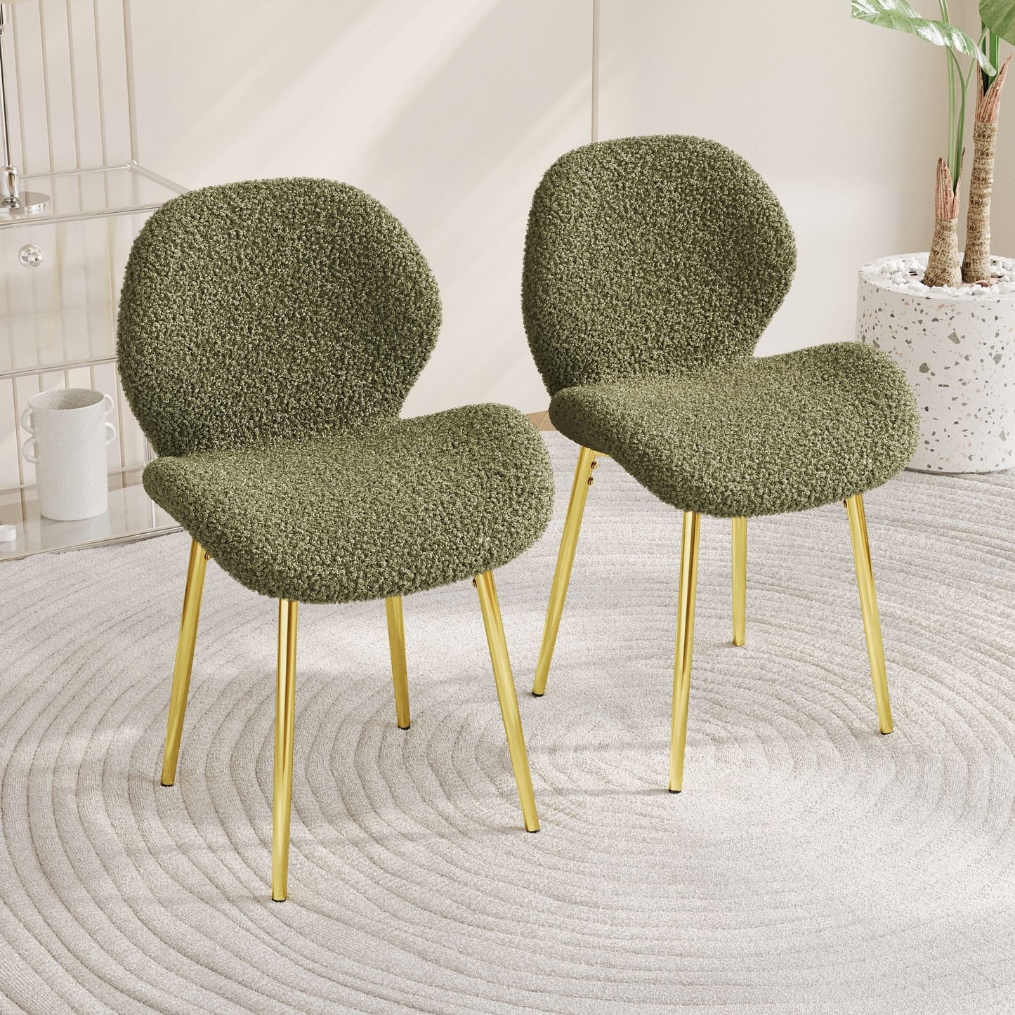 Modern minimalist white teddy velvet Dining Chairs Set of 2 with sturdy gold metal legs and comfortable backrest design, suitable for restaurants, kitchens, and offices. - Renee Lane Company