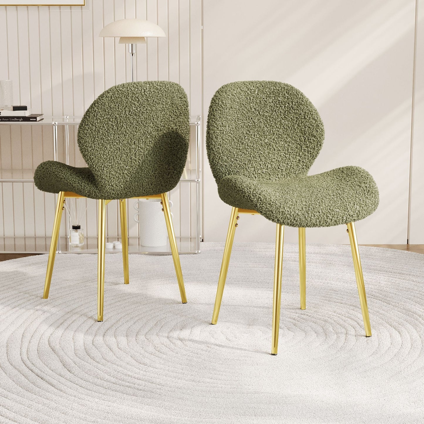 Modern minimalist white teddy velvet Dining Chairs Set of 2 with sturdy gold metal legs and comfortable backrest design, suitable for restaurants, kitchens, and offices. - Renee Lane Company