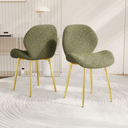 Modern minimalist white teddy velvet Dining Chairs Set of 2 with sturdy gold metal legs and comfortable backrest design, suitable for restaurants, kitchens, and offices. - Renee Lane Company