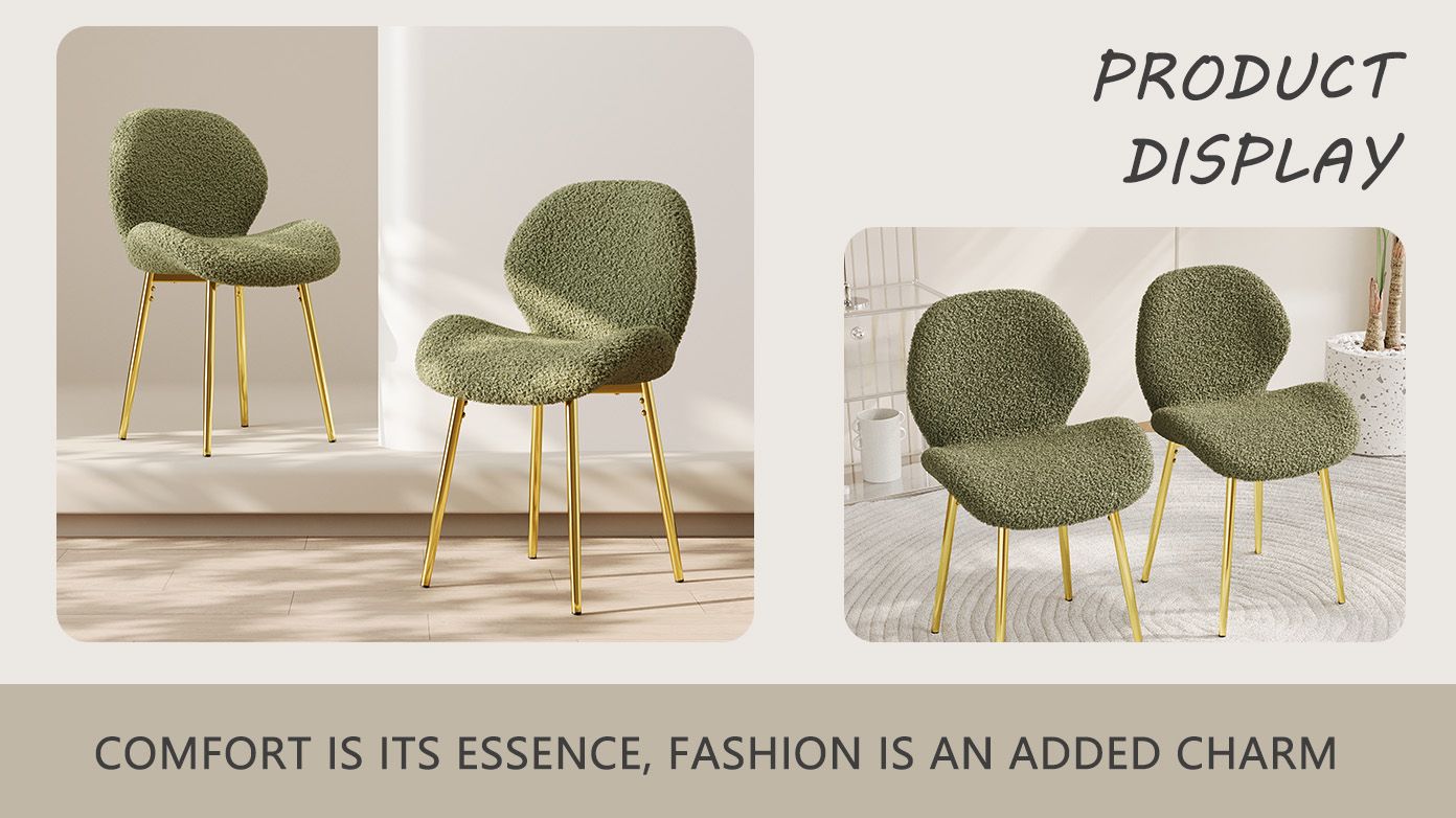 Modern minimalist white teddy velvet Dining Chairs Set of 2 with sturdy gold metal legs and comfortable backrest design, suitable for restaurants, kitchens, and offices. - Renee Lane Company