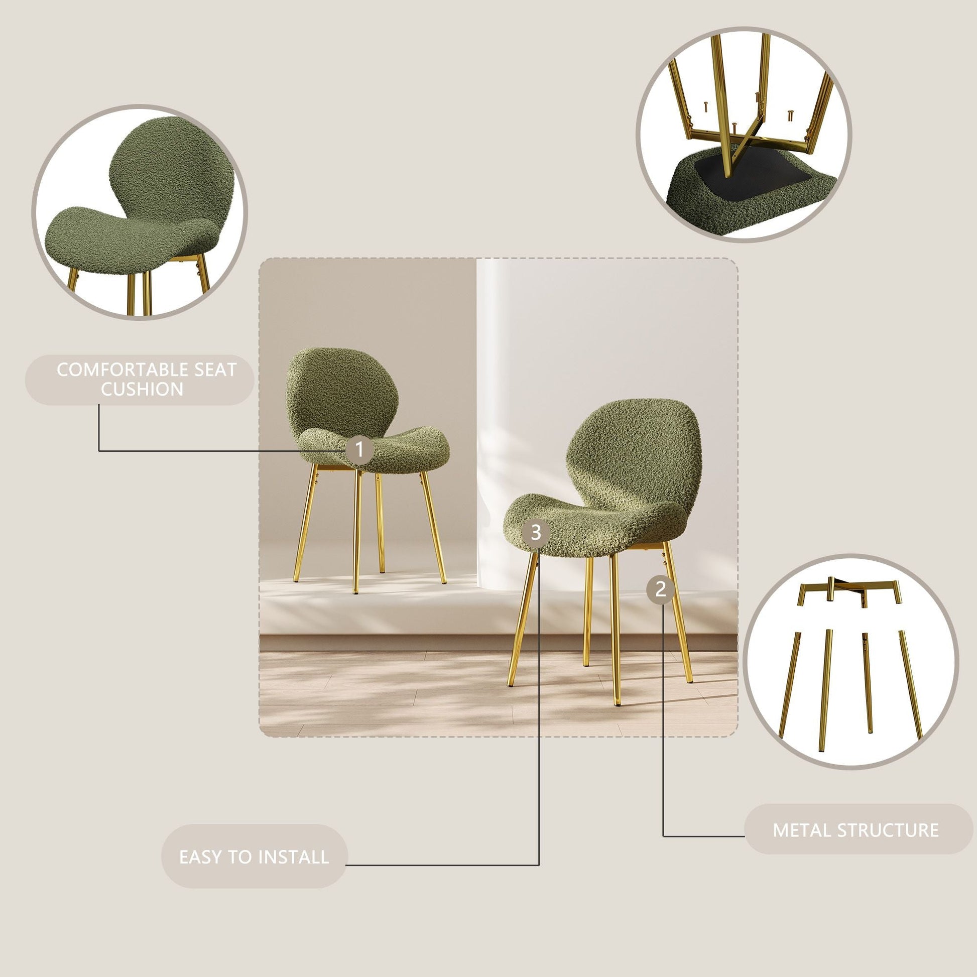 Modern minimalist white teddy velvet Dining Chairs Set of 2 with sturdy gold metal legs and comfortable backrest design, suitable for restaurants, kitchens, and offices. - Renee Lane Company