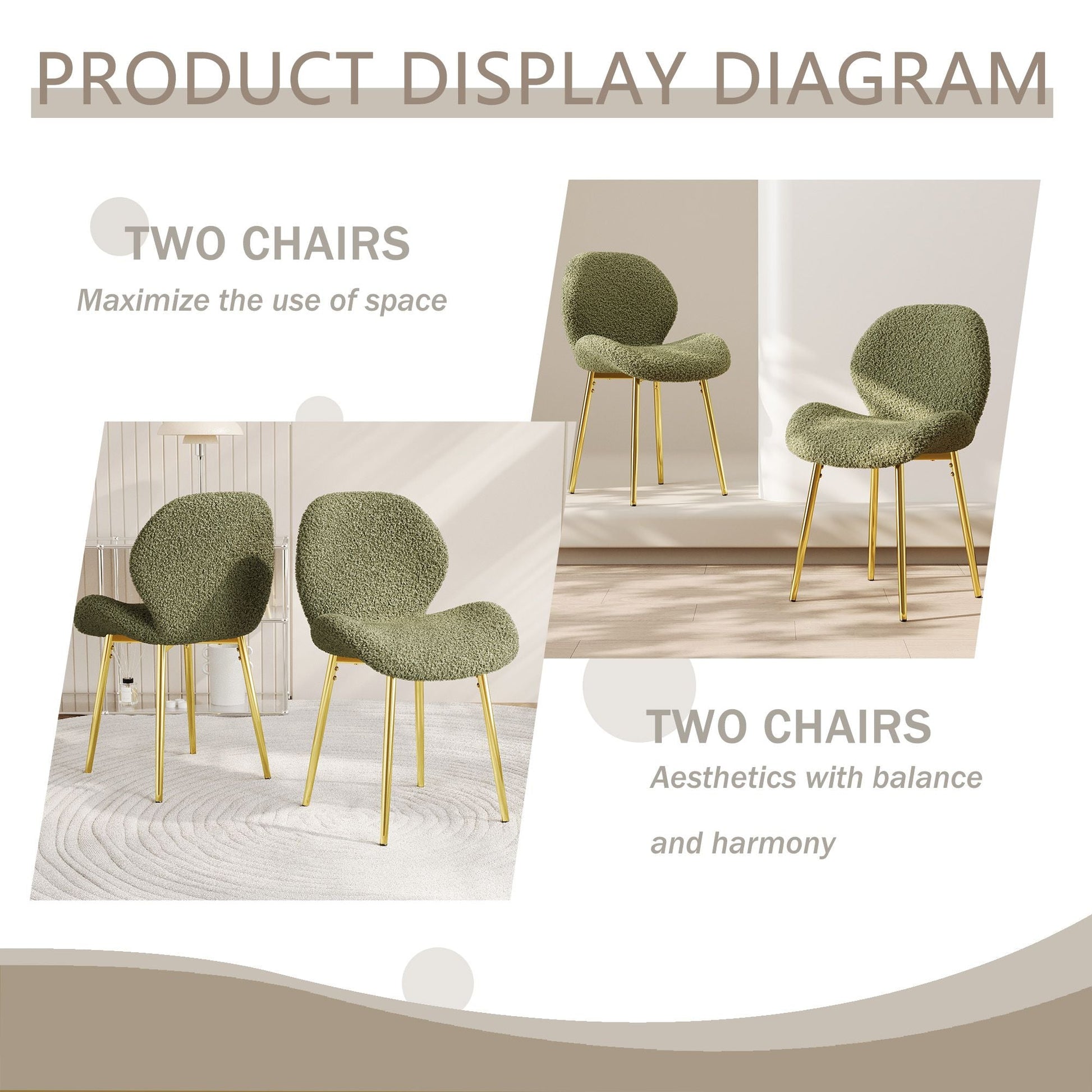 Modern minimalist white teddy velvet Dining Chairs Set of 2 with sturdy gold metal legs and comfortable backrest design, suitable for restaurants, kitchens, and offices. - Renee Lane Company