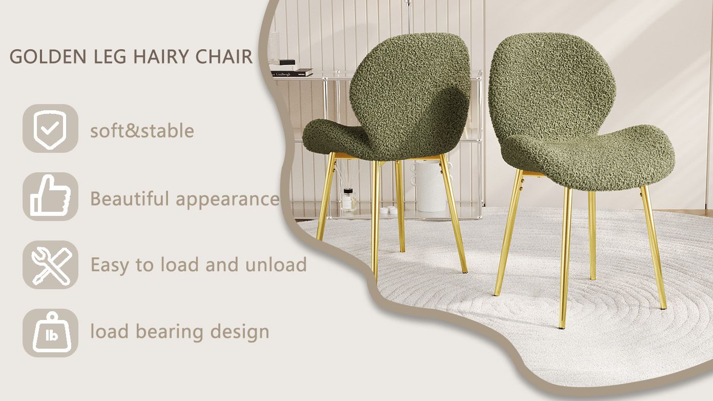 Modern minimalist white teddy velvet Dining Chairs Set of 2 with sturdy gold metal legs and comfortable backrest design, suitable for restaurants, kitchens, and offices. - Renee Lane Company