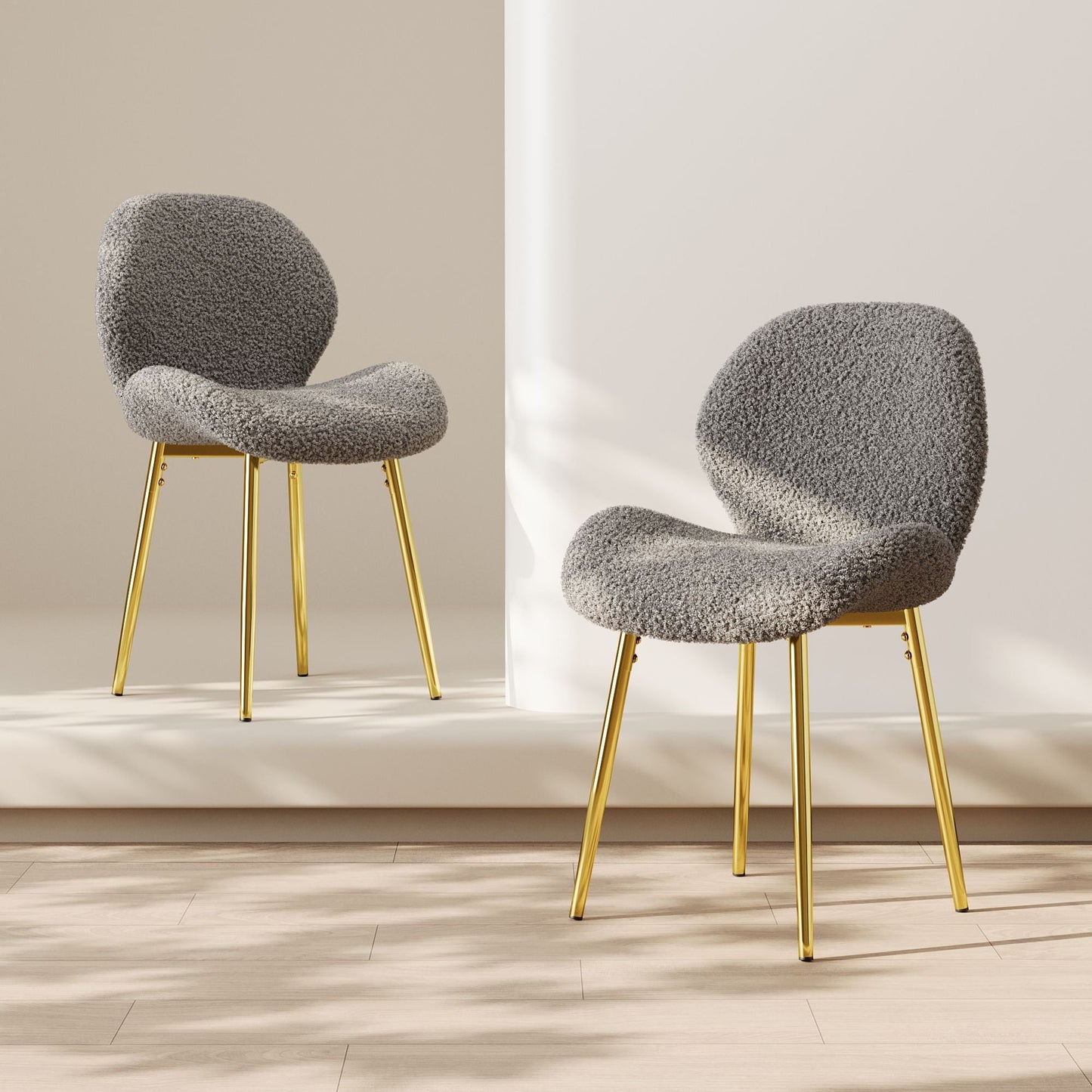 Modern minimalist white teddy velvet Dining Chairs Set of 2 with sturdy gold metal legs and comfortable backrest design, suitable for restaurants, kitchens, and offices. - Renee Lane Company