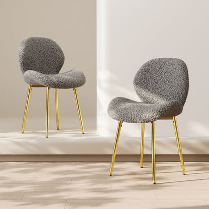 Modern minimalist white teddy velvet Dining Chairs Set of 2 with sturdy gold metal legs and comfortable backrest design, suitable for restaurants, kitchens, and offices. - Renee Lane Company