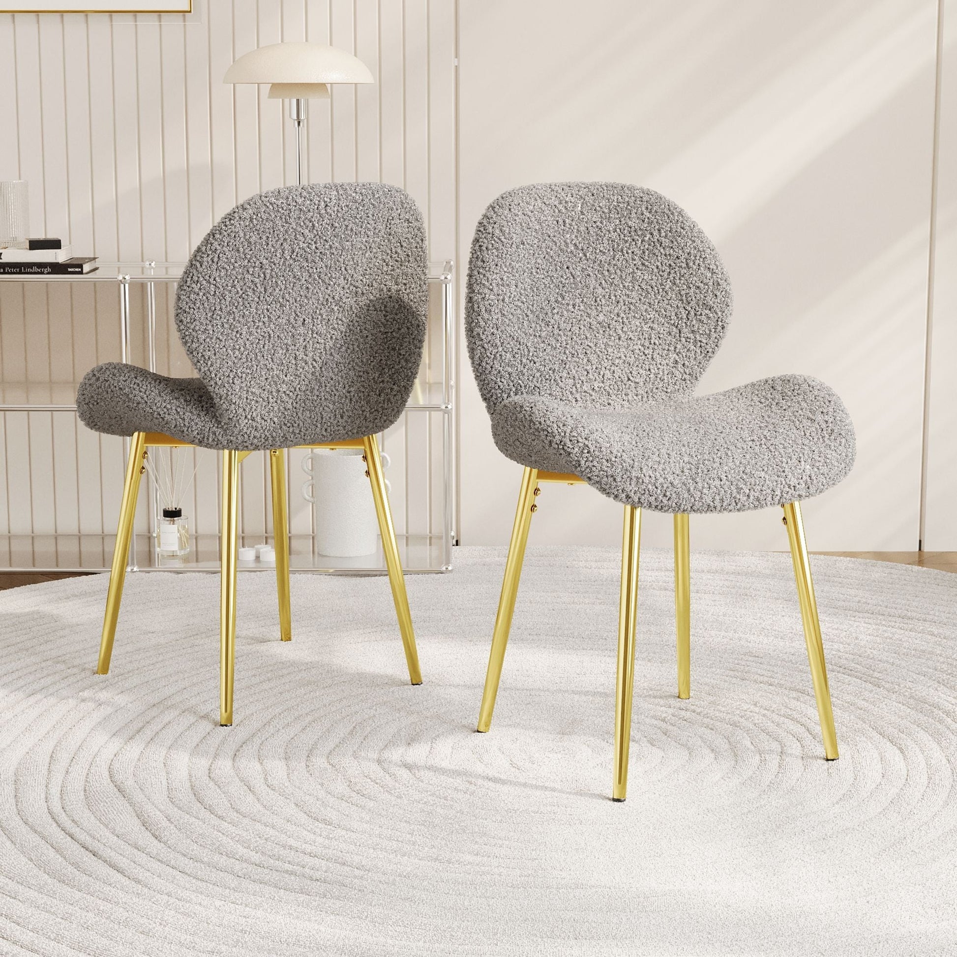 Modern minimalist white teddy velvet Dining Chairs Set of 2 with sturdy gold metal legs and comfortable backrest design, suitable for restaurants, kitchens, and offices. - Renee Lane Company