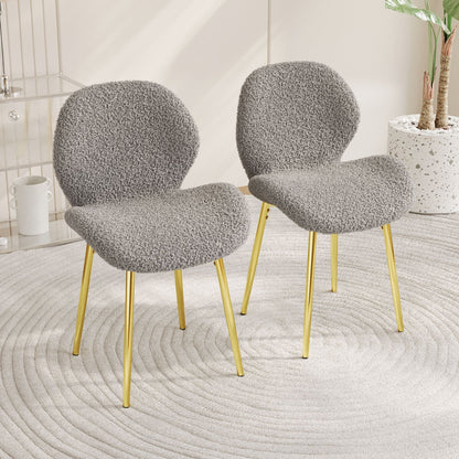 Modern minimalist white teddy velvet Dining Chairs Set of 2 with sturdy gold metal legs and comfortable backrest design, suitable for restaurants, kitchens, and offices. - Renee Lane Company