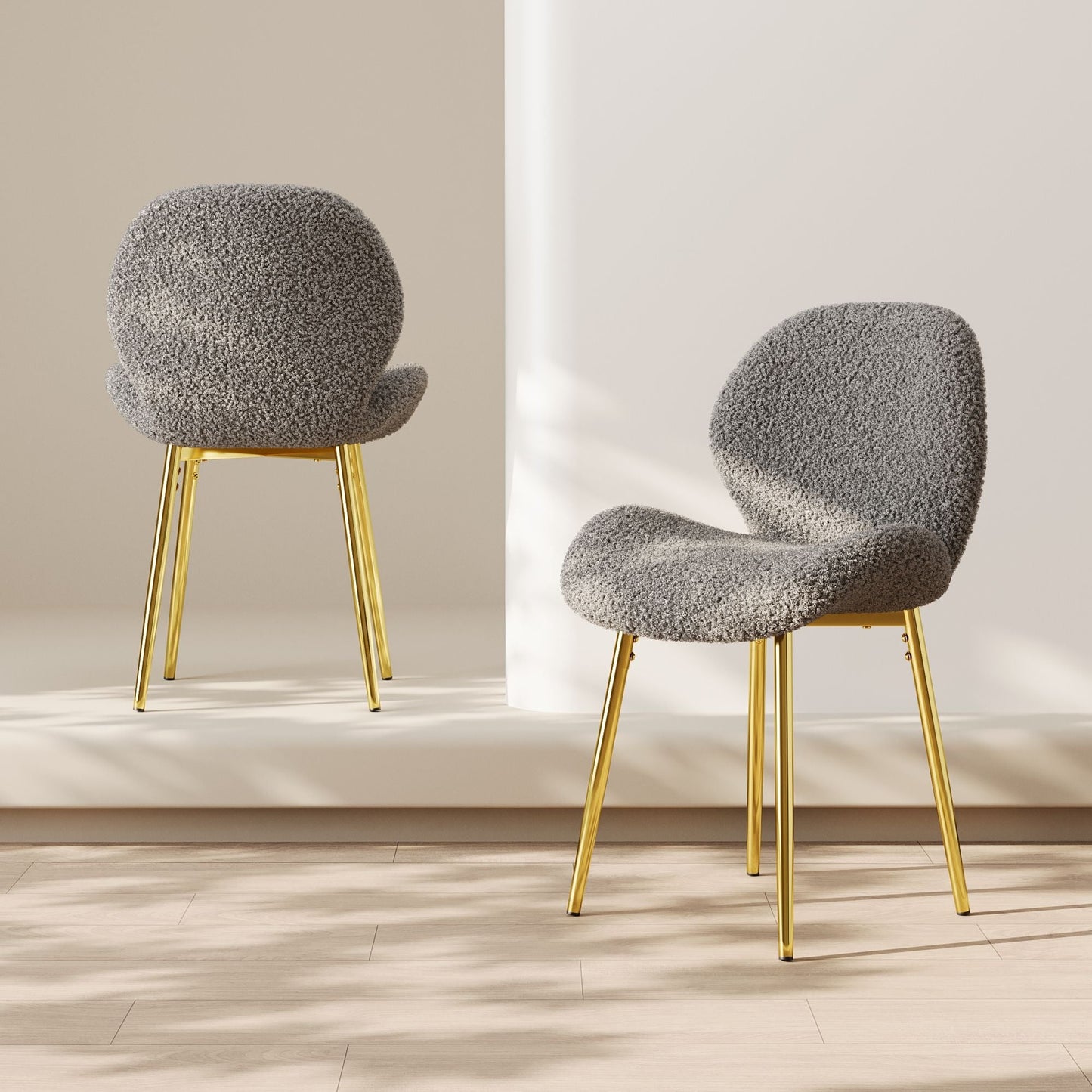 Modern minimalist white teddy velvet Dining Chairs Set of 2 with sturdy gold metal legs and comfortable backrest design, suitable for restaurants, kitchens, and offices. - Renee Lane Company