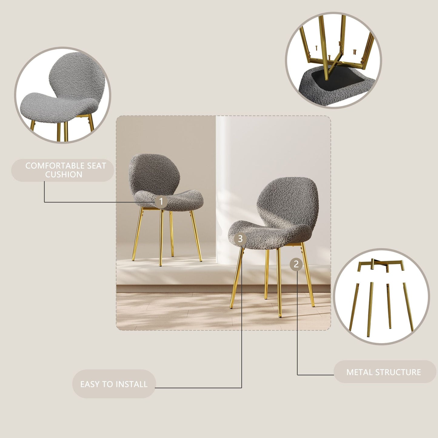 Modern minimalist white teddy velvet Dining Chairs Set of 2 with sturdy gold metal legs and comfortable backrest design, suitable for restaurants, kitchens, and offices. - Renee Lane Company