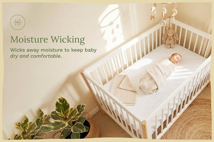 Baby fitted crib sheet set, white, neatly fitted on a crib mattress