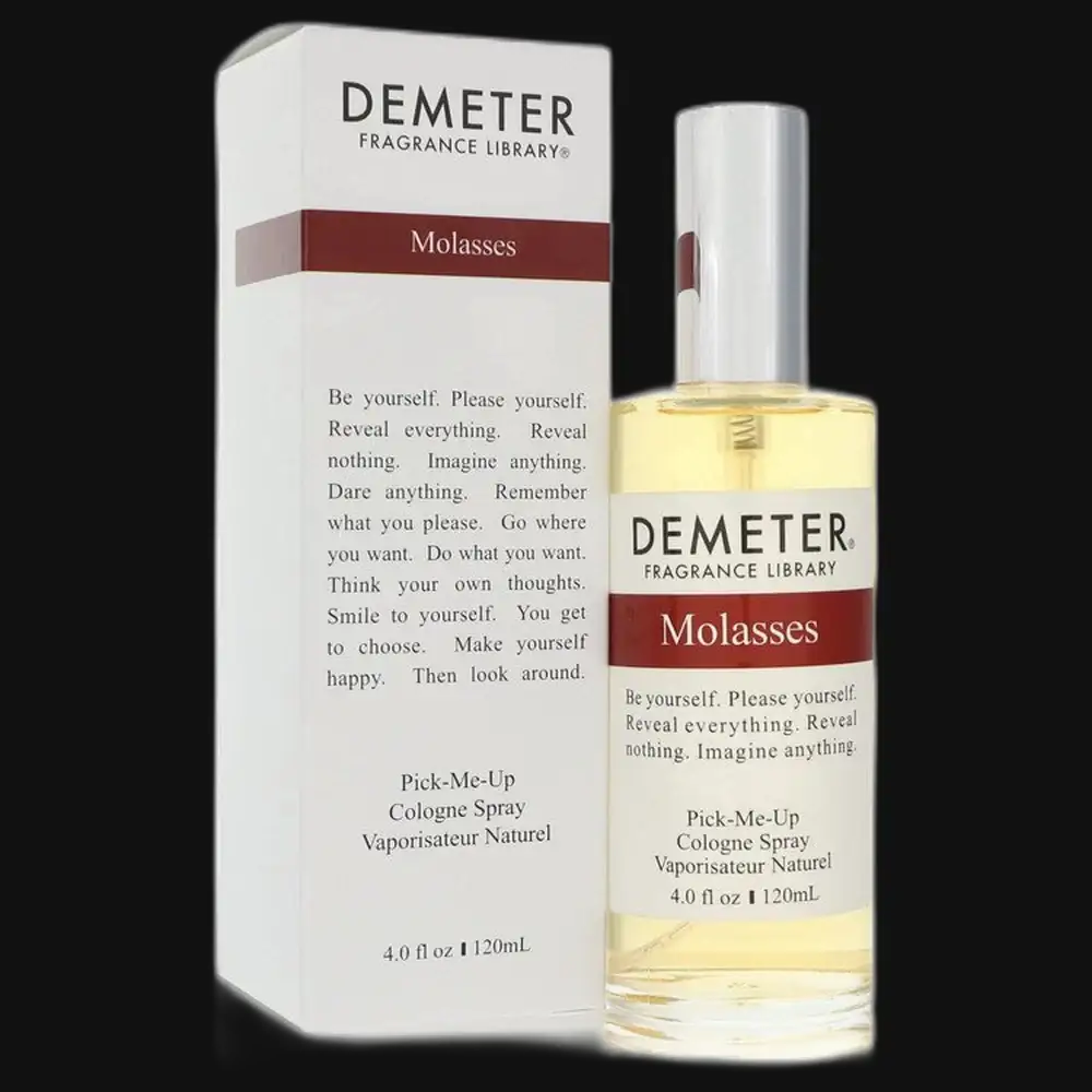 Unisex Molasses fragrance spray by Demeter with silver cap and glass bottle, with box