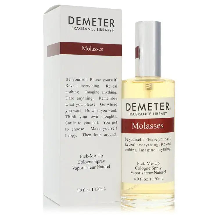 Molasses fragrance spray by Demeter, silver-capped bottle with matching product box