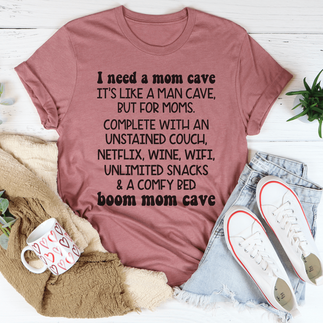 Mauve rose crew-neck T-shirt with dark mom cave quote graphic print