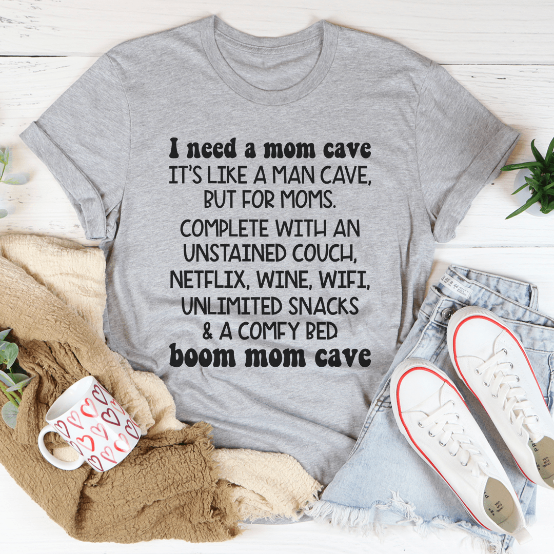 Heather gray crew-neck T-shirt with black humorous mom cave graphic print