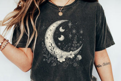 Moons and Stars Boho Flowers Vintage Unisex Bamboo/Cotton Graphic T-Shirt - Renee Lane Company