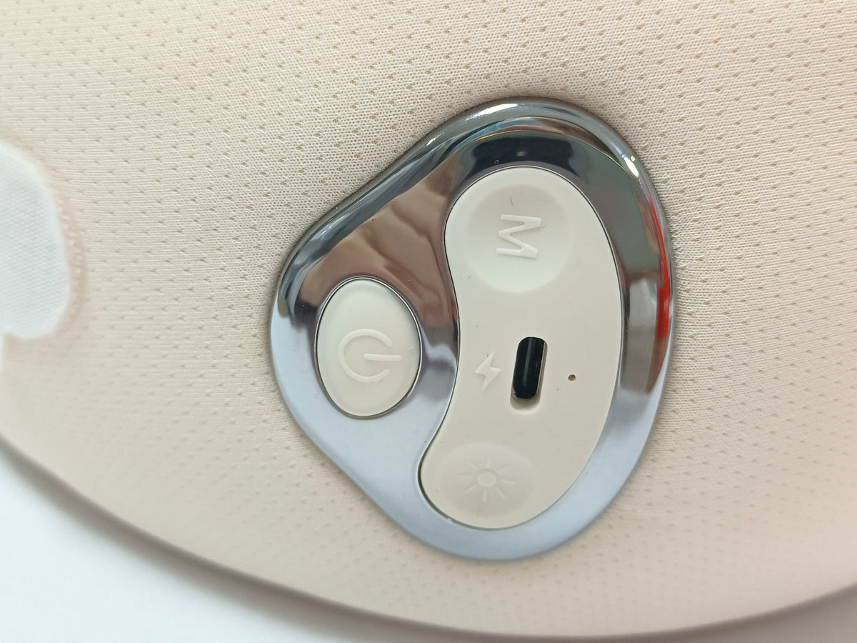 Beige neck massage pillow with front control panel and button icons