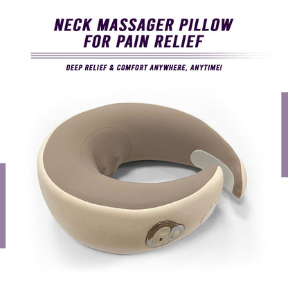 Beige neck massage pillow with U-shaped design and front-right control module