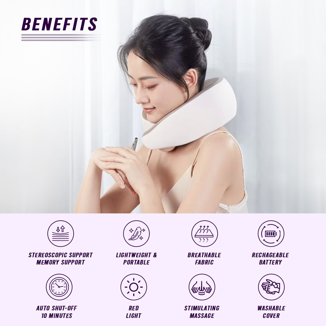 Beige neck massage pillow worn around the neck with side support pads