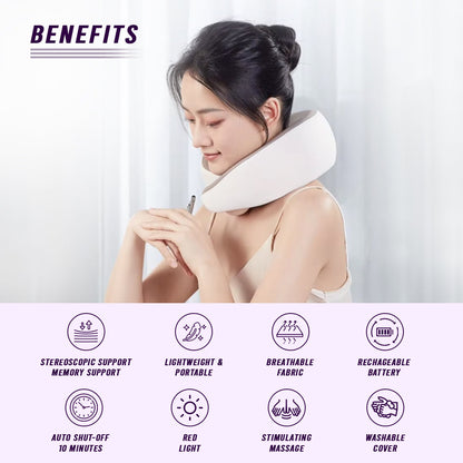 Beige neck massage pillow worn around the neck with side support pads