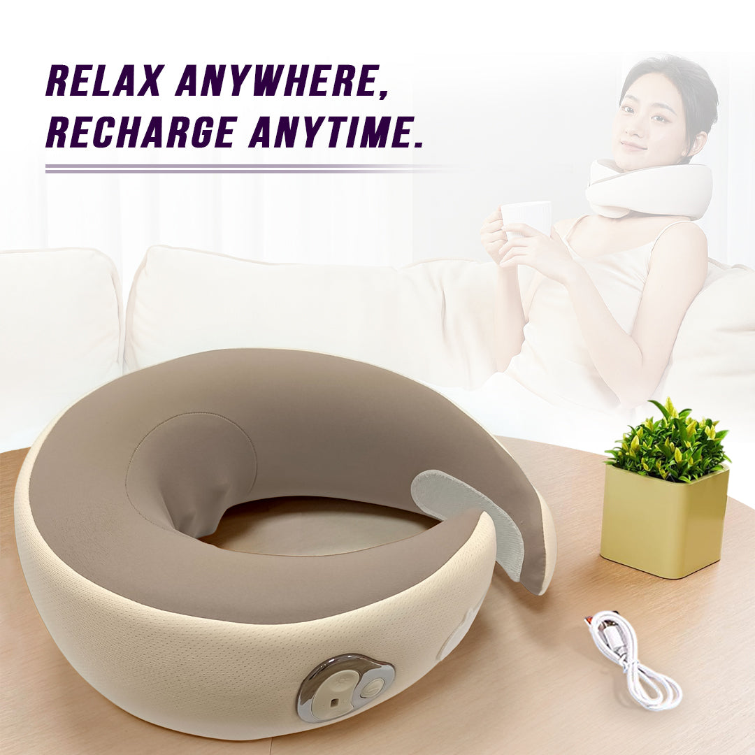 Beige U-shaped neck massage pillow with front control panel and power cord