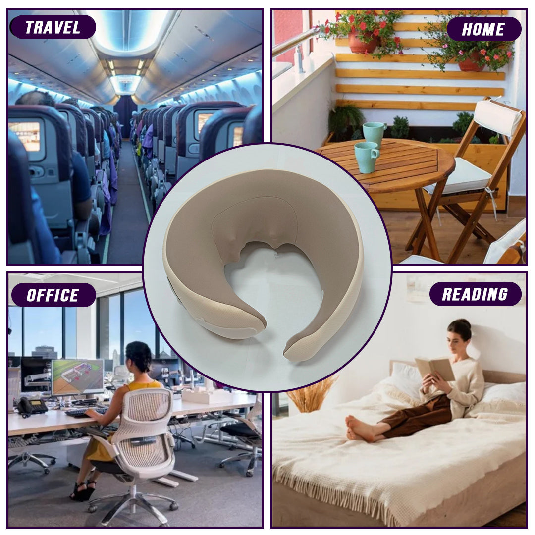 Beige U-shaped neck massage pillow with side handle and open neck cutout