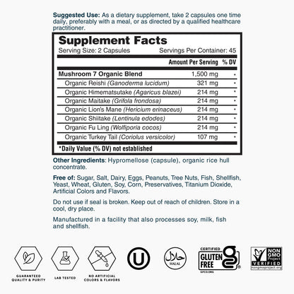 Supplement Facts label listing mushroom blend ingredients and serving size