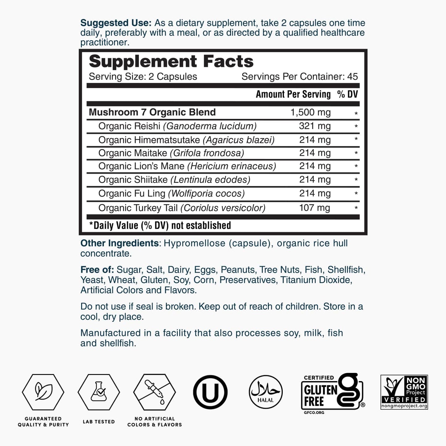 Mushroom 7 organic blend supplement facts label, serving size 2 capsules