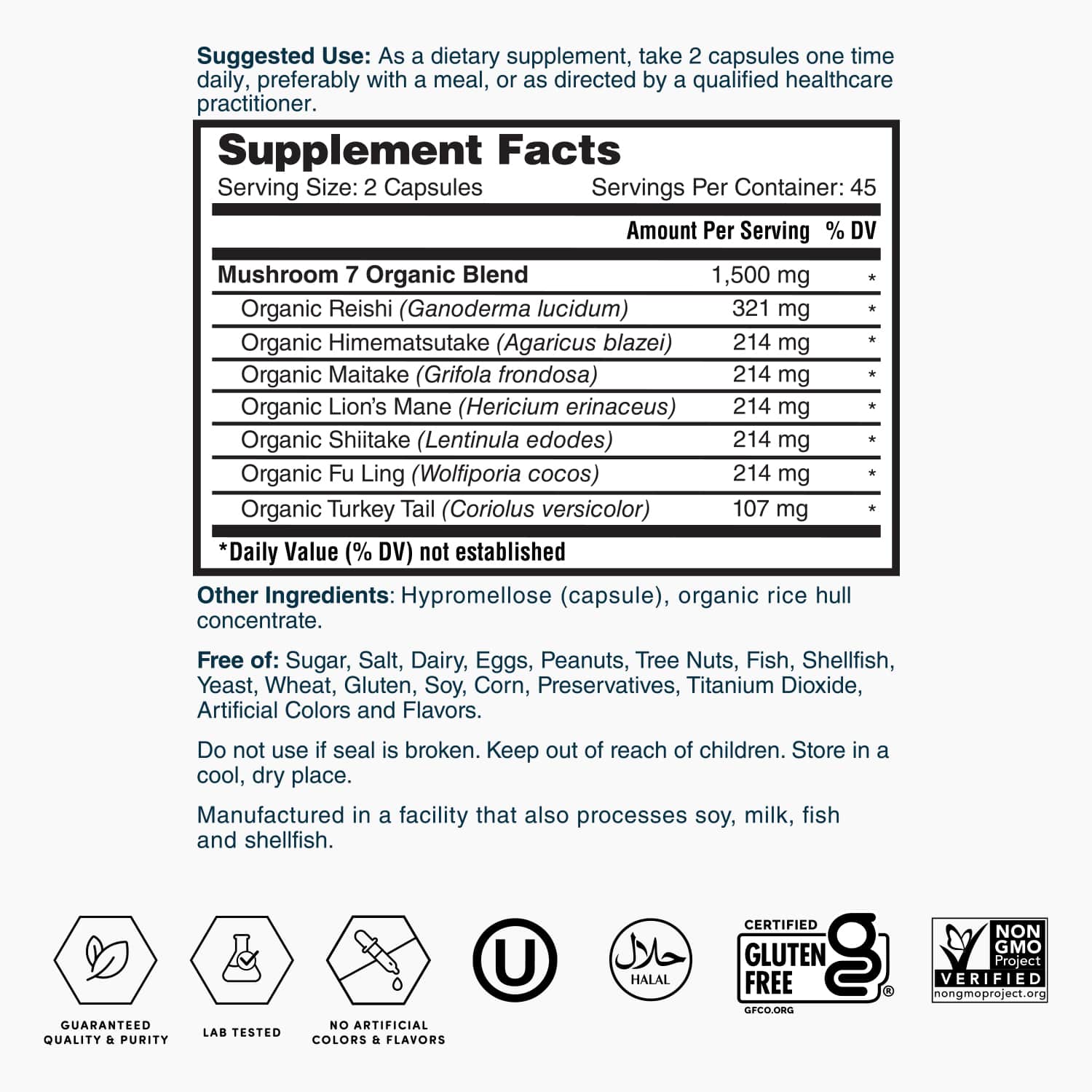Mushroom 7 organic blend supplement facts label, serving size 2 capsules