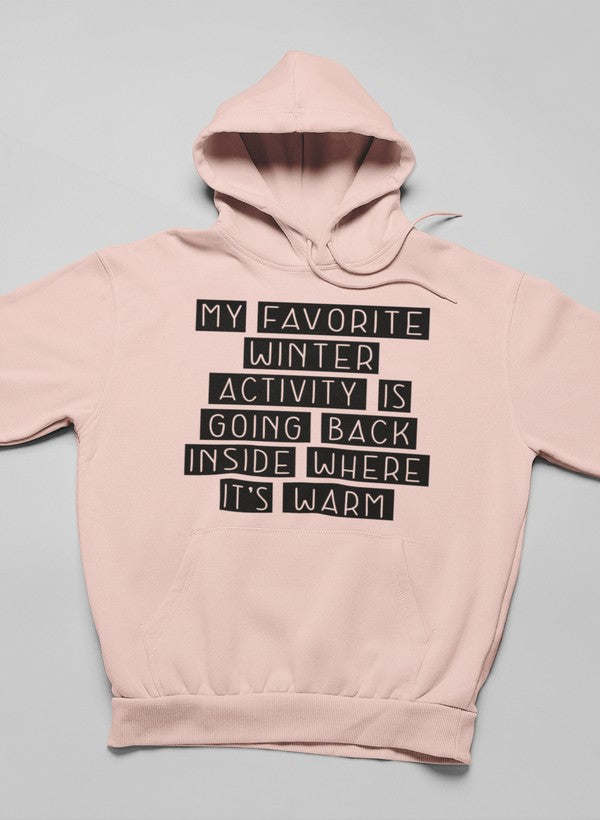 Light pink hoodie with front text graphic and kangaroo pocket, pullover hood with drawstrings