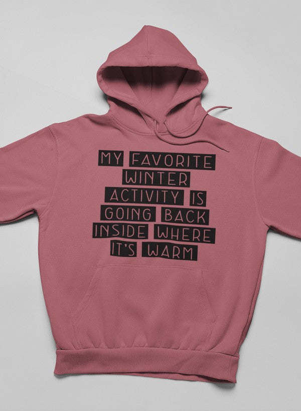 Dusty mauve hoodie with front text graphic and kangaroo pocket, pullover hood