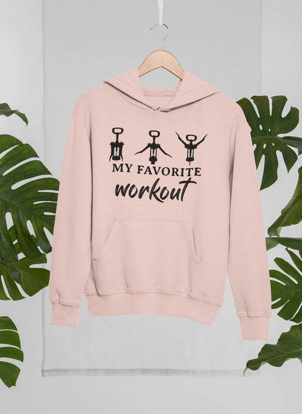 Light pink workout hoodie with 'My Favorite Workout' weightlifter graphic and front pocket