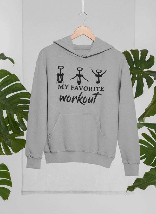 Gray workout hoodie with 'My Favorite Workout' weightlifter graphic and front pocket