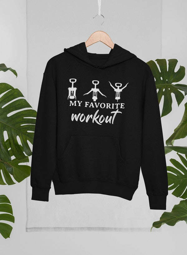 Black hoodie with 'My Favorite Workout' weightlifter graphic and front kangaroo pocket