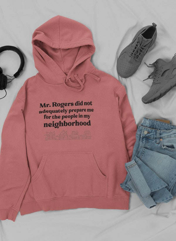 Pullover hoodie in mauve/pink with kangaroo pocket, drawstring hood, and front text graphic