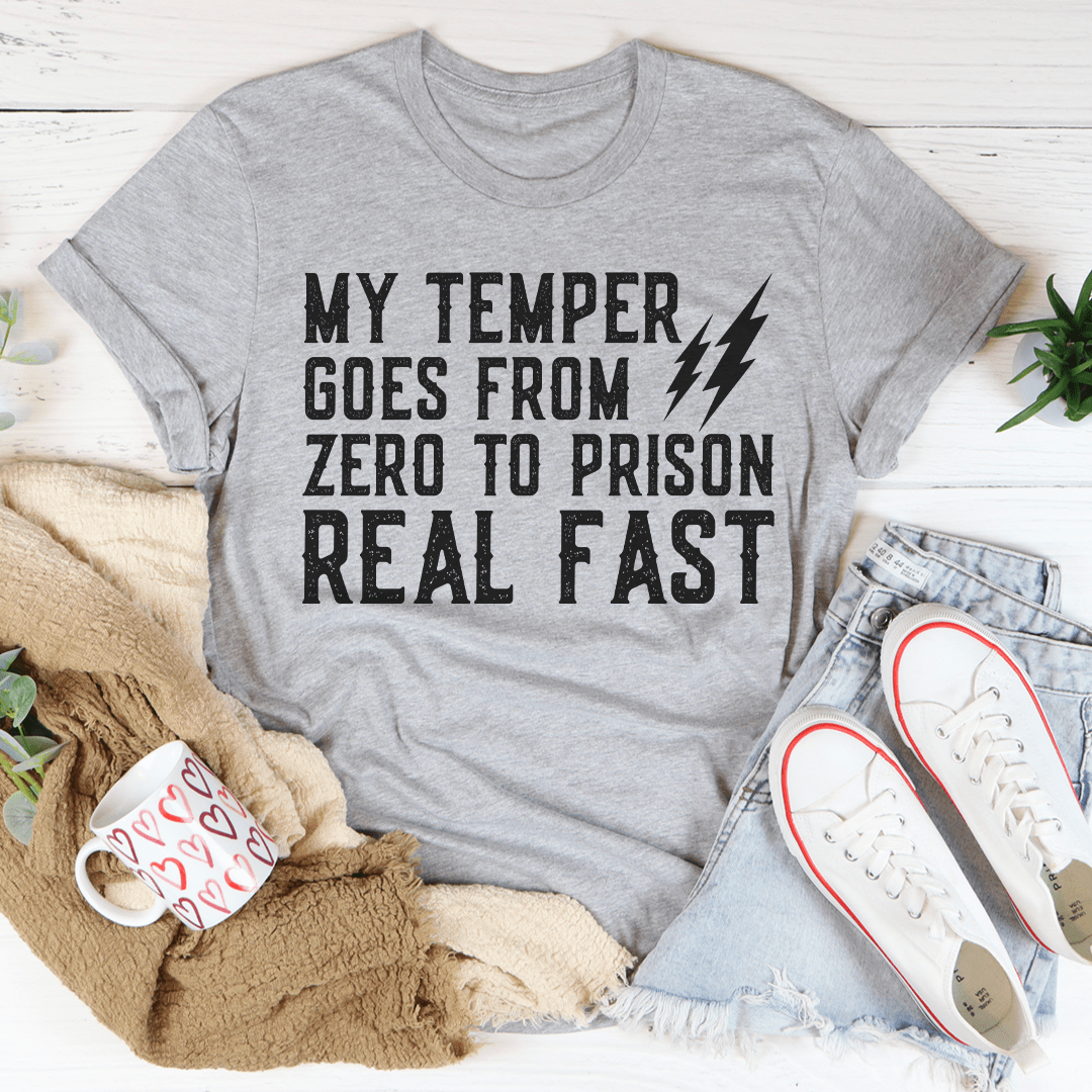 Heather gray T-shirt with lightning slogan graphic at center