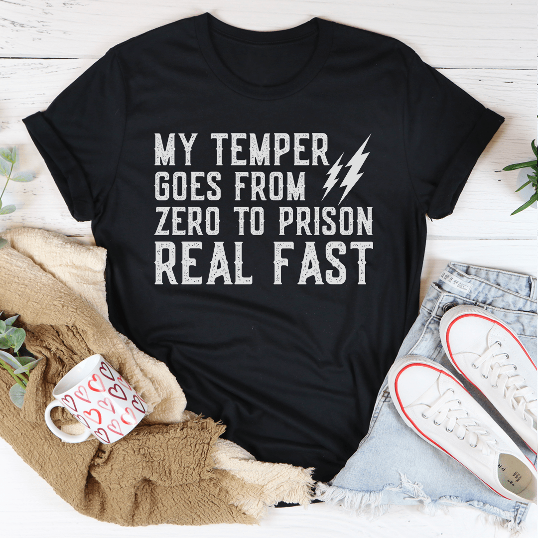Black crew-neck graphic T-shirt with short sleeves and white slogan front print