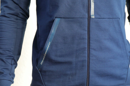 Navy zip-up hooded slim-fit sweatshirt with front pockets and zipper seam detail