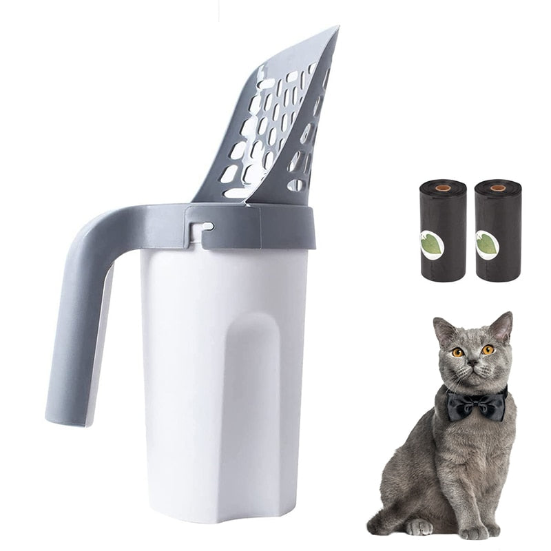 Cat litter scoop with gray and white perforated sifter and side handle