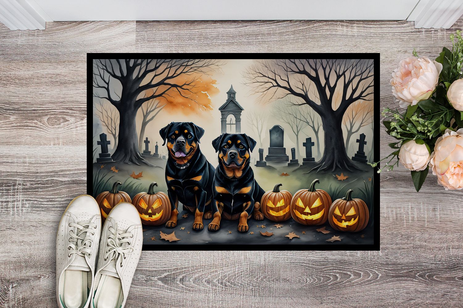 NEW Rottweiler Spooky Halloween Doormat Front Door Mat Indoor Outdoor Rugs for Entryway, Non Slip Washable Low Pile, 18H X 27W - Renee Lane Company