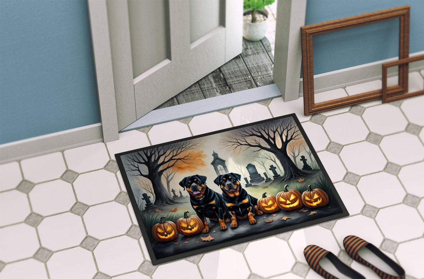 NEW Rottweiler Spooky Halloween Doormat Front Door Mat Indoor Outdoor Rugs for Entryway, Non Slip Washable Low Pile, 18H X 27W - Renee Lane Company