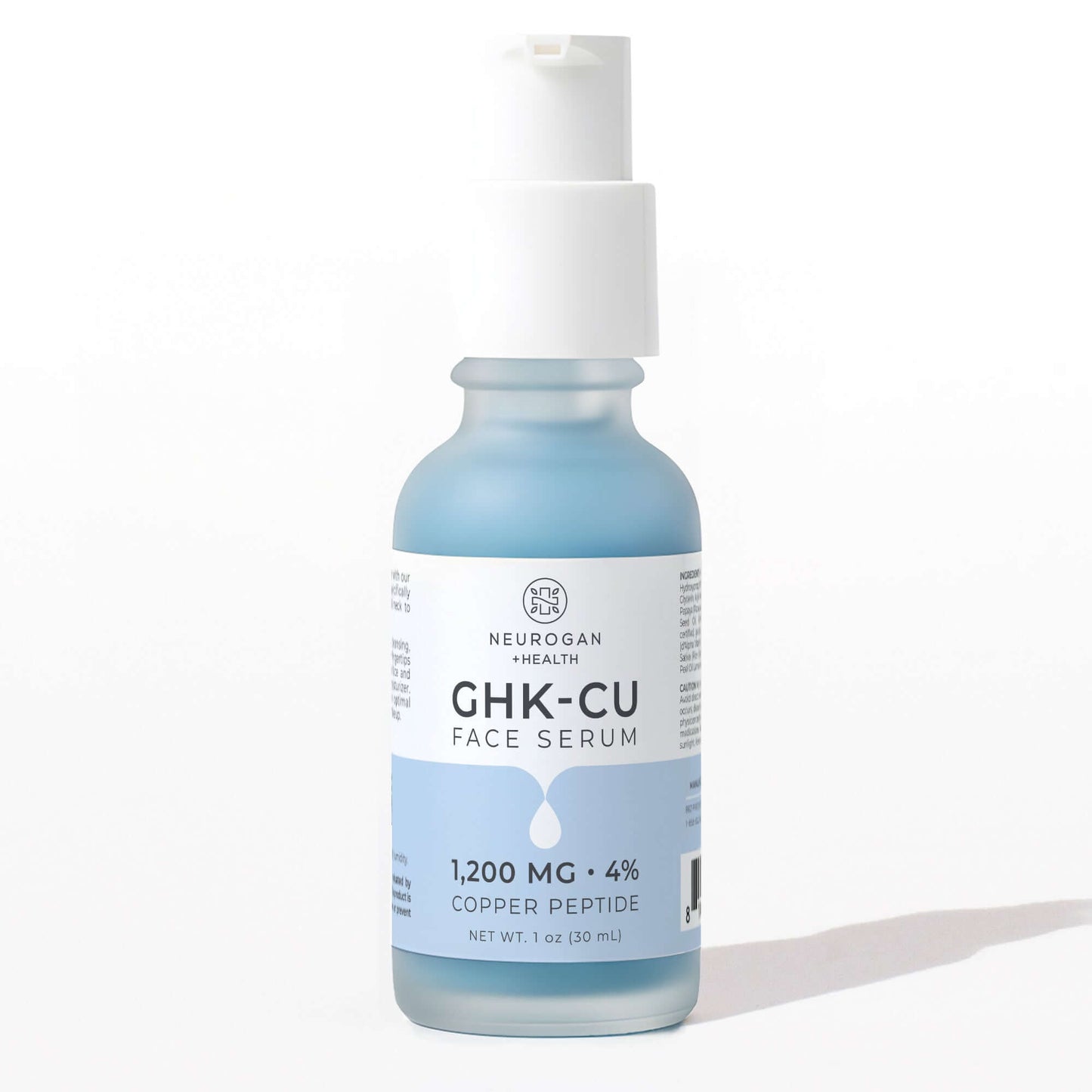 GHK-Cu face serum bottle with pump, blue liquid, 1 fl oz (30 ml) and 4% copper peptide